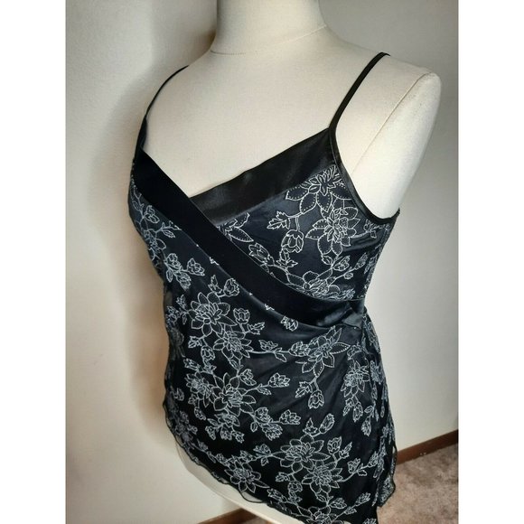 Vtg 90's  Black Satin Chiffon Floral Tank Large - Picture 9 of 11